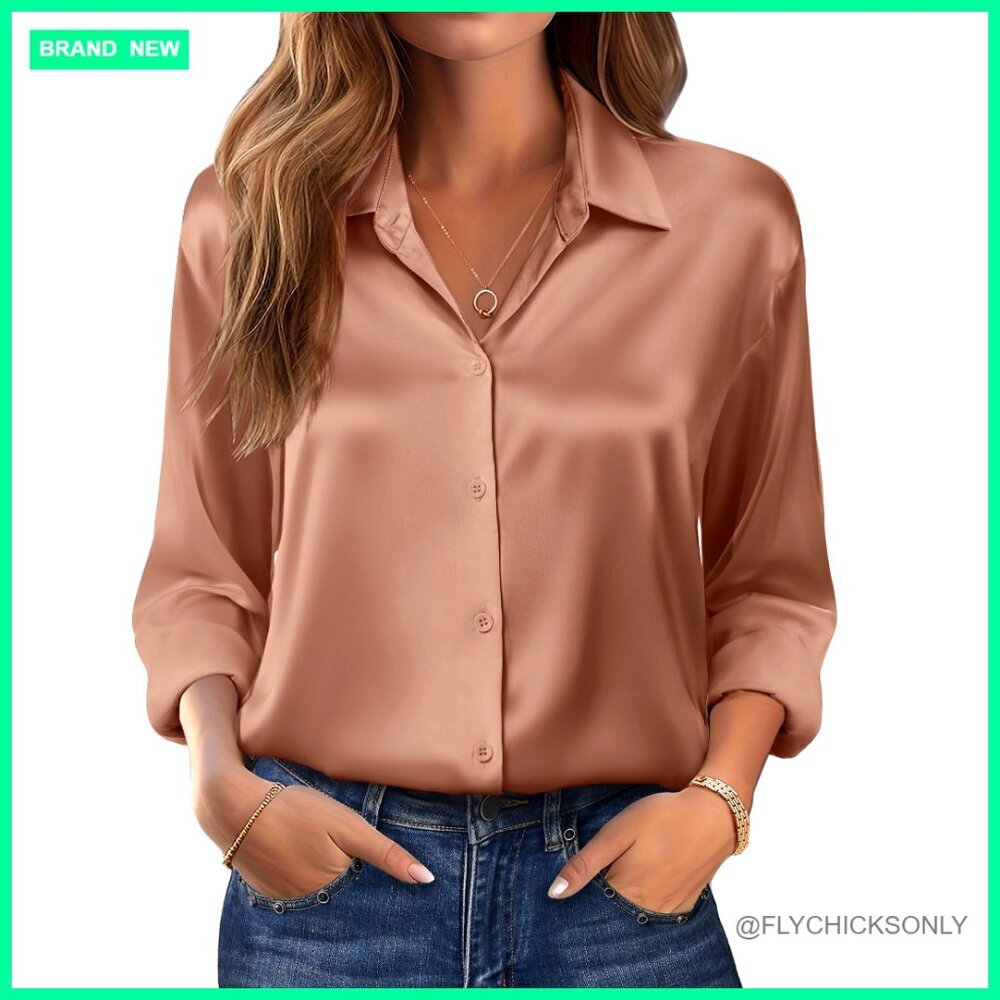 Long Sleeve Satin Button Down Blouse Loose Fit Business Casual